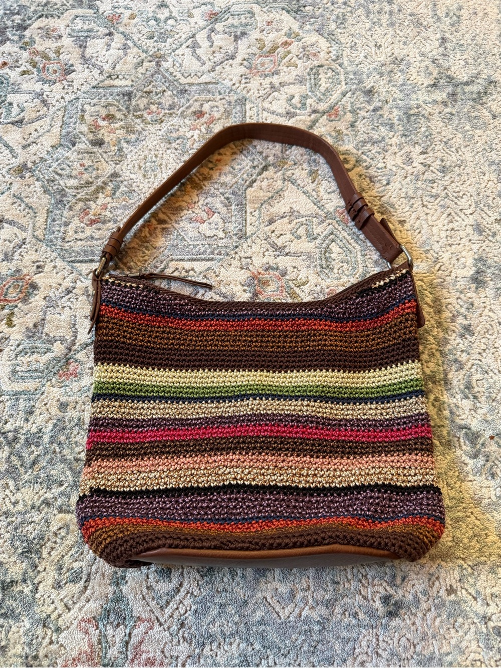 The Sak Multicolor Striped Crochet Shoulder Bag Brown Leather Strap